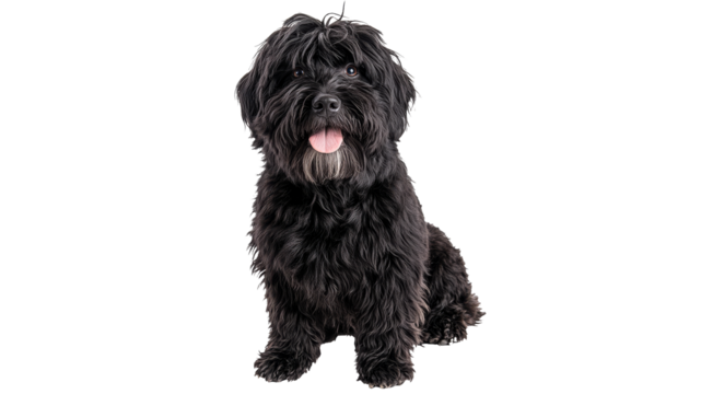 Black dog with fluffy fur sitting calmly indoors