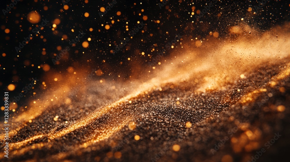Poster abstract golden explosion forming delicate patterns, soft glow on black