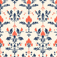 Floral pattern featuring red and navy blue motifs on a cream background, ideal for textiles and wallpaper designs.