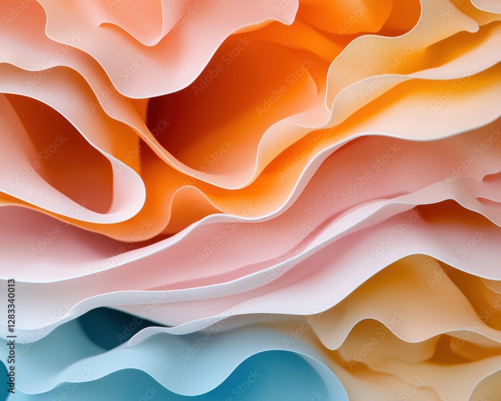 Poster a vibrant, abstract composition of layered, wavy paper in soft pastel colors, creating an artistic a