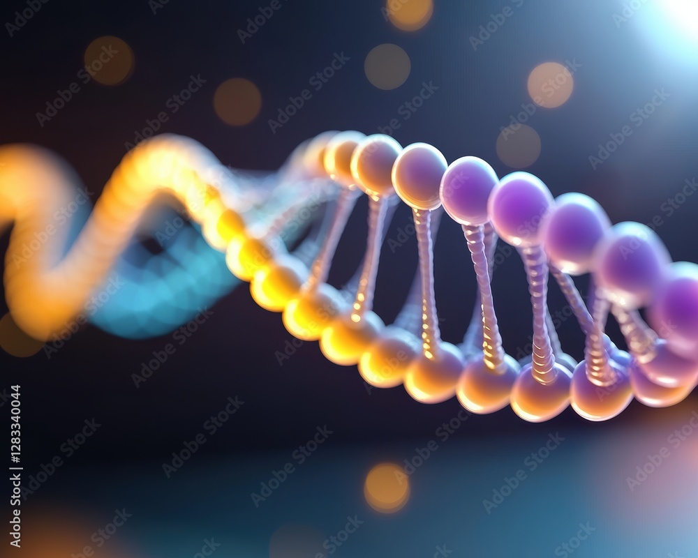 Poster a vibrant representation of a dna double helix, emphasizing its structure with colorful spheres and 