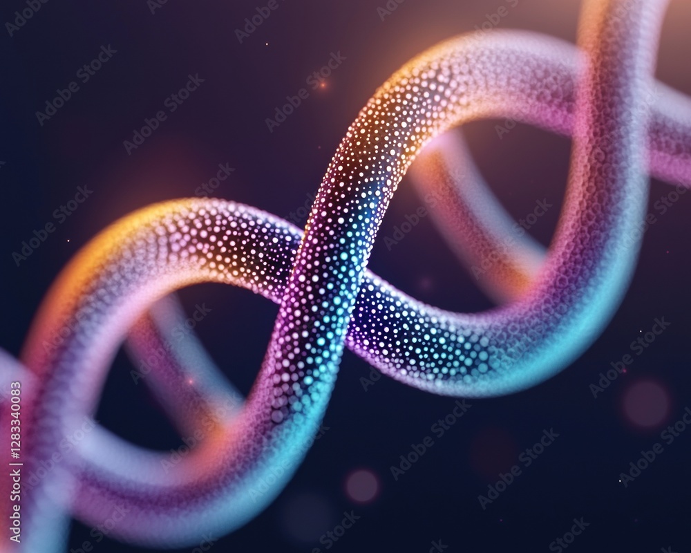 Poster a colorful, abstract representation of intertwined strands, featuring vibrant dots and smooth curves