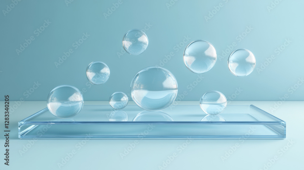 Poster round glass product podium with floating blob bubble formations on soft blue backdrop. minimalist lu