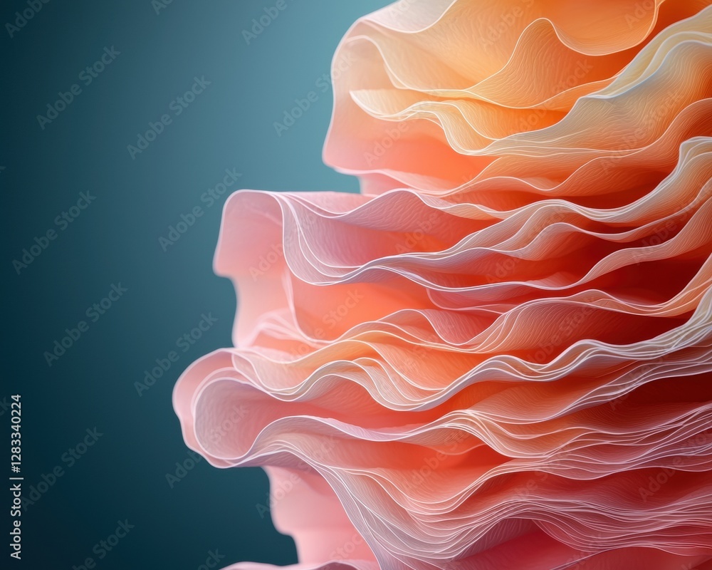 Poster a close-up of elegant, layered ruffles in soft pink and peach tones, creating a visually soothing an