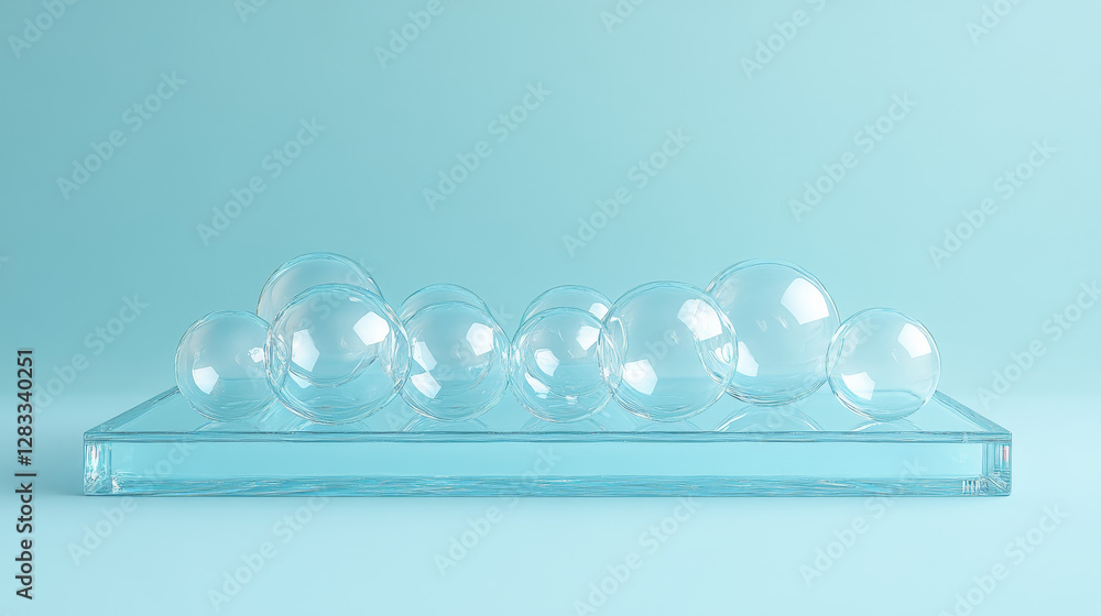 Poster round glass product podium with floating blob bubble formations on soft blue backdrop. minimalist lu
