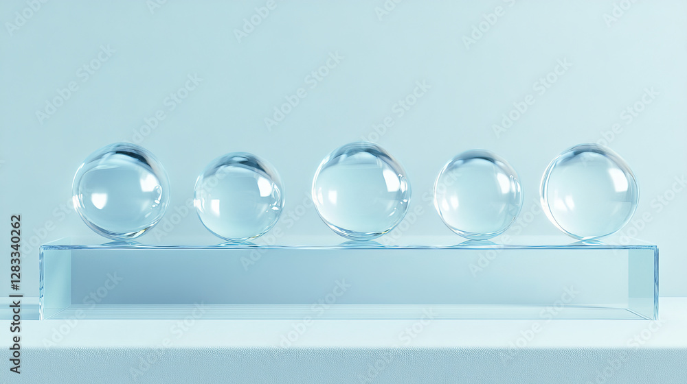 Aufkleber round glass product podium with floating blob bubble formations on soft blue backdrop. minimalist lu