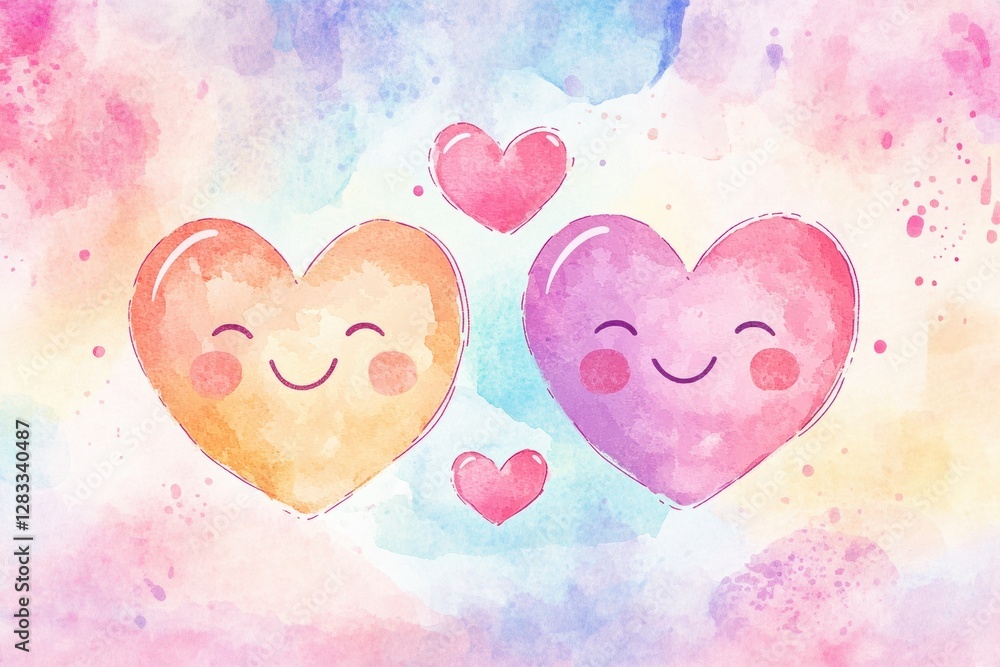 Poster two smiling hearts surrounded by colorful watercolor splashes for cheerful decoration. generative ai