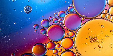  Colorful oil bubbles floating in liquid with a mix of blue, purple, and yellow tones creating an abstract and mesmerizing effect