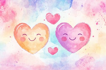 Two smiling hearts surrounded by colorful watercolor splashes for cheerful decoration. Generative AI