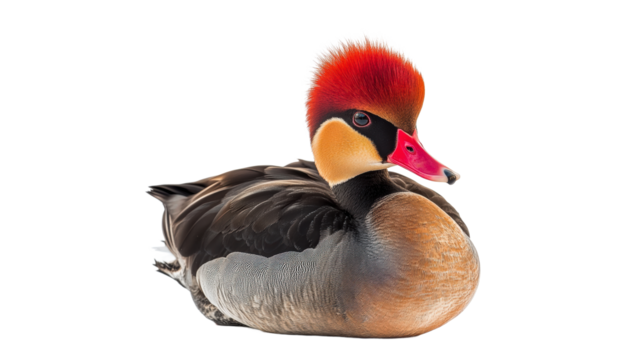 Colorful mandarin duck perched on white background