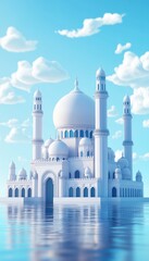 Obraz premium A White Mosque Reflecting in Water with a Blue Sky Background