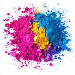 Holi. Colorful powder (Gulal) in vibrant colors on a white background