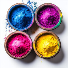 Holi. Colorful powder (Gulal) in vibrant colors on a white background