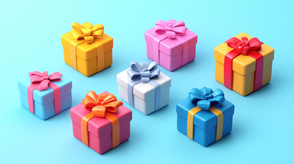 Gift boxes 3d birthday presents in colorful wrapping paper and bows. Bonus, award, Christmas, Valentine or boxing day, New Year celebration isolated objects, design elements, Cartoon vector icons set