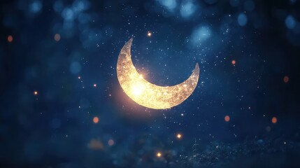 Fototapeta premium Glowing Crescent Moon in Starry Night Sky with Soft Bokeh Lights