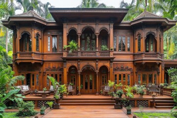 Fototapeta premium Ornate Wooden House Exterior In Tropical Garden