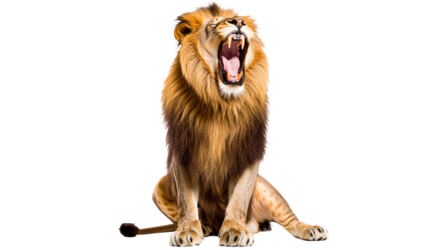 Lion yawning in a relaxed pose indoors