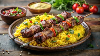 Close-up shot of a juicy Chelo Kabab skewer with marinated beef and lamb mixture, served with a side of fluffy saffron rice, food photography, kebab
