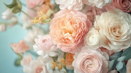 A bouquet of pink and white flowers with a blue background