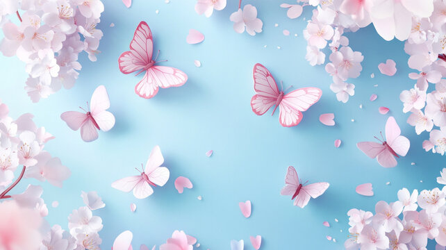 A blue background with pink flowers and butterflies