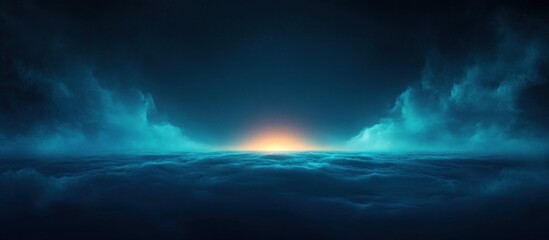 Obraz premium Surreal Mystical Landscape Deep Blue Fog Ethereal Light Glowing Horizon Dramatic Shadows Nightclub Background