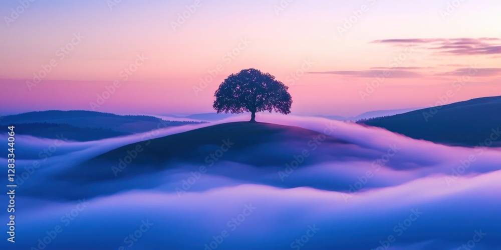 Poster tree is on a hill with a foggy sky