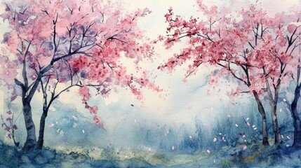 A painting of two cherry trees with pink blossoms