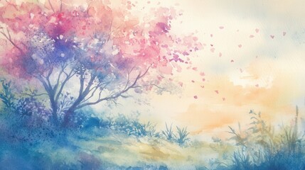 A painting of a tree with pink blossoms and a blue sky