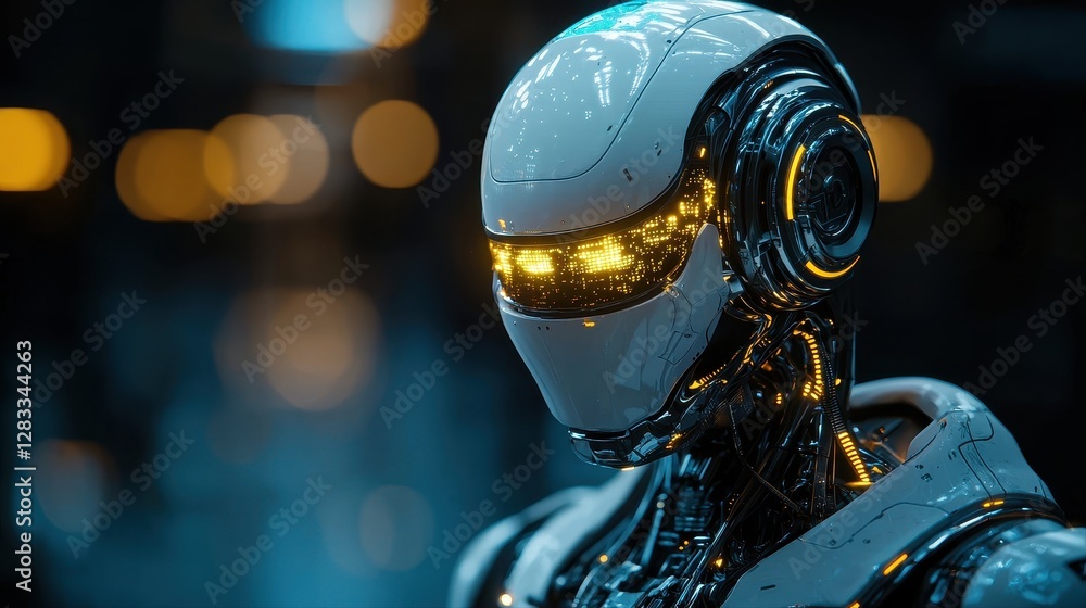 Poster futuristic robot with a glowing head illuminating the dark workspace in a high-tech environment
