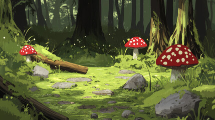 Swamp forest terrain pieces with fallen logs, gray rocks, moss and red spotted mushrooms. Mossy landscape elements covered by green slime, decorated with toadstools. Natural environment game assets.