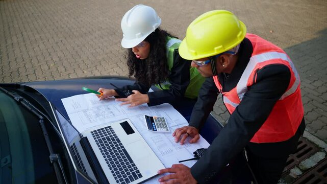 Two construction workers reviewing plans on car hood