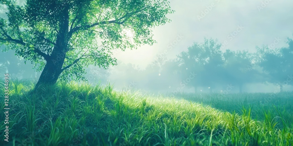 Aufkleber Tree is in the foreground of a field of grass