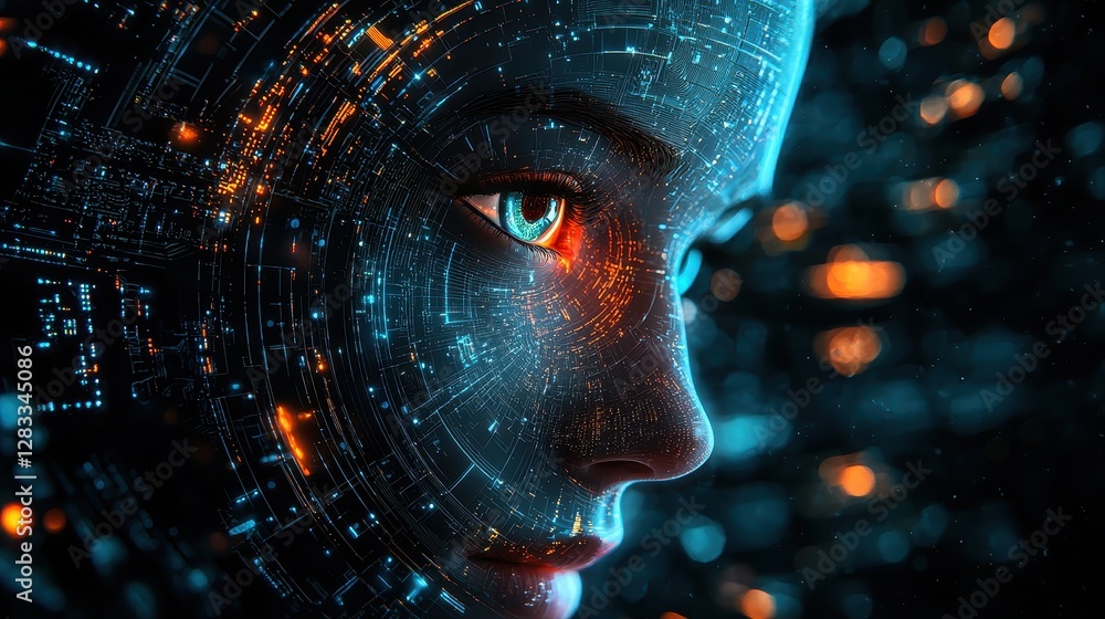 Aufkleber person's face surrounded by a futuristic interface with holographic elements creating a high-tech vi