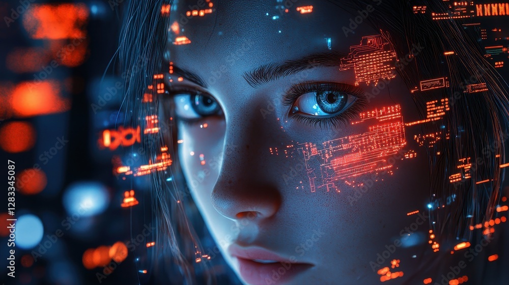 Aufkleber woman's face illuminated with a digital pattern of red and blue lights creating a stunning and futur