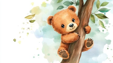 Cute Teddy Bear Climbing A Tree. Watercolor Illustration.