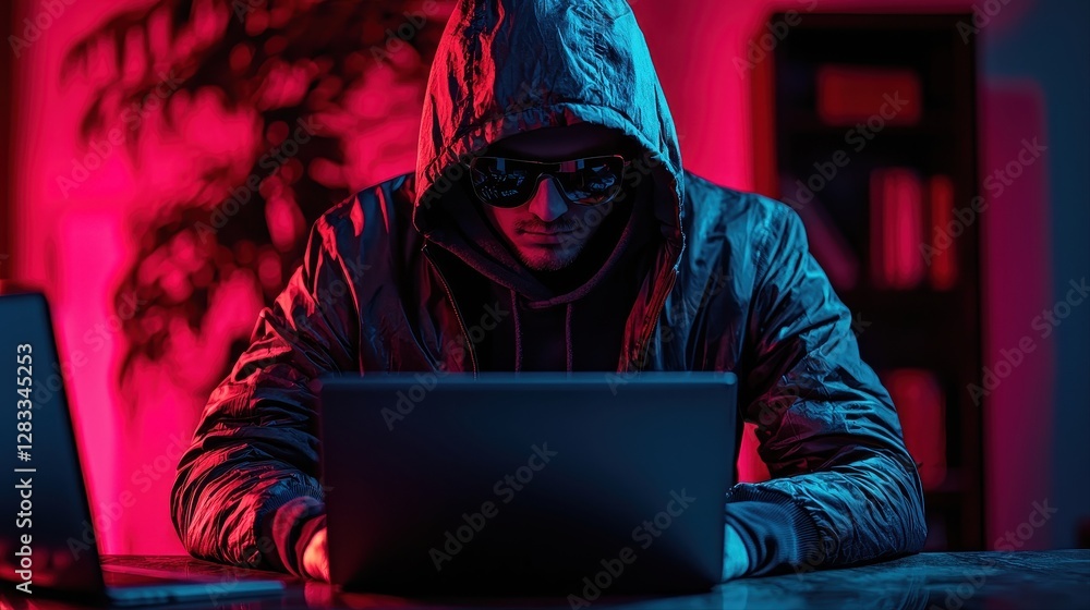 Aufkleber man dressed in a hooded jacket sitting at a table using a laptop while focused on his work in a comf