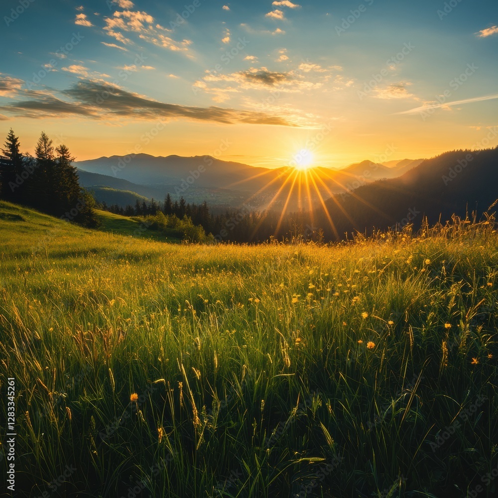 Poster sunrise over rolling hills and grassy meadows in a serene landscape. generative ai