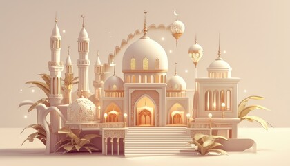 An ornate and detailed mosque is beautifully illuminated in the image