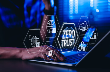 Zero trust security concept. Businessman types on laptop with virtual icons zero trust security,...
