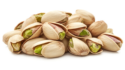Pile of pistachio nuts with peeled shell isolated on transparent background