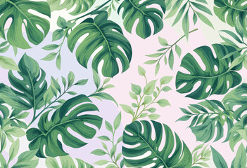 large, green leaves with white veins, arranged in a repeating design against a light pink background.