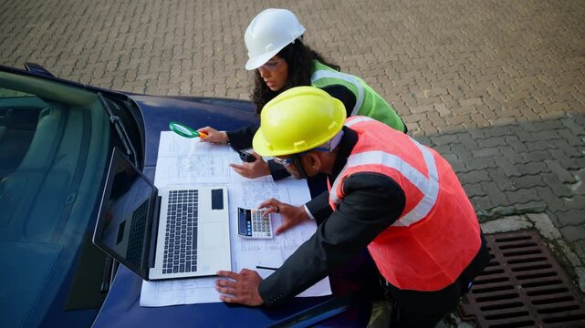 Both engineers examining map using laptop and calculator