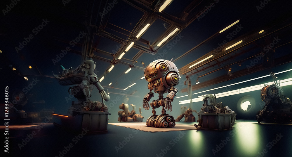 Aufkleber A group of metallic robots are situated inside a dimly lit, industrial-style room with a metallic structure and floor.