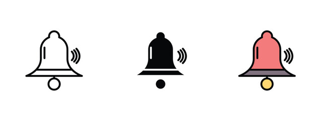 Set of 3 pixel perfect Bell Ring icon with 1 unexpanded, 1 silhouette, a simple and clear bell ring icon symbolizing notifications or alerts.
