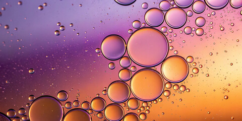 Colorful oil bubbles floating on liquid with mesmerizing sunset reflections creating a vibrant and abstract artistic background