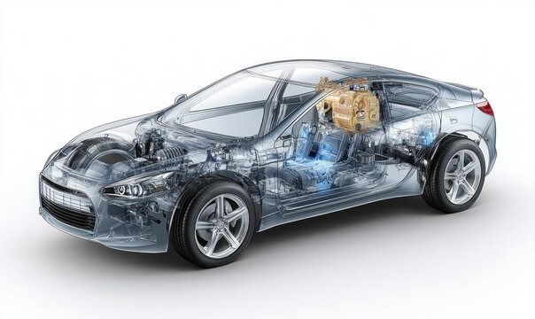 Transparent Hydrogen Fuel Cell Car Technical Cutaway 3D Rendering Illustration