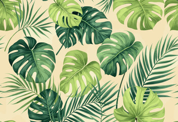 a variety of tropical leaves, including palm leaves and monstera leaves, arranged in a repeating design against a light beige background.