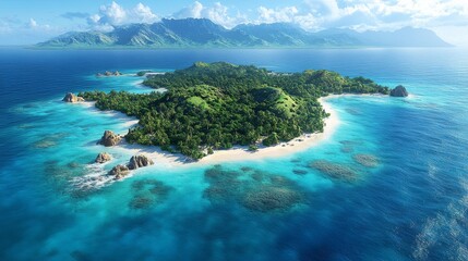 Fototapeta premium Aerial View of Turquoise Waters and Lush Island Paradise