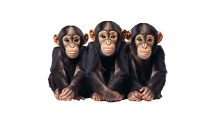 Three young chimpanzees sit closely together