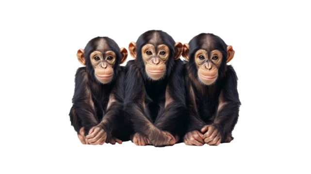 Three young chimpanzees sit closely together